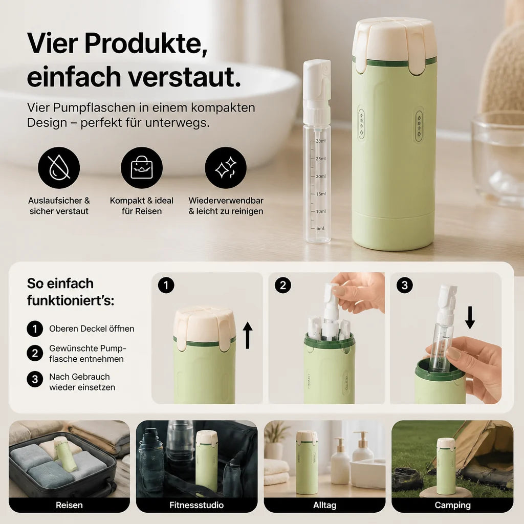 TravelFlask™ – Der kompakte 4-in-1 Reisebehälter für deine Kosmetik