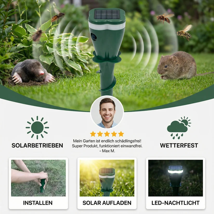 GuardSolar™ – Das solarbetriebene Ultraschall-Tier- & Insektenabwehrgerät