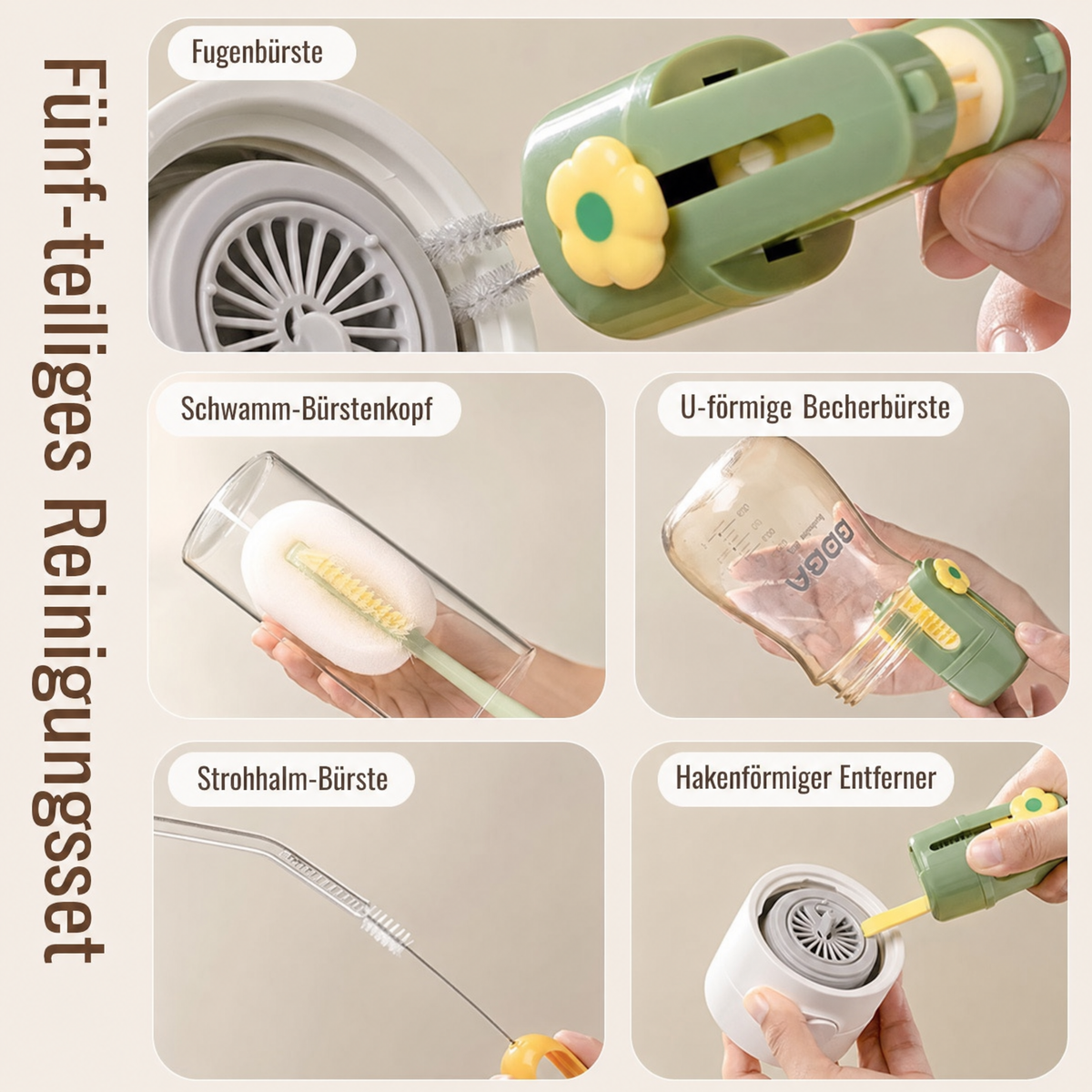 SparkleBrush™ – Die multifunktionale 5-in-1 Becher- & Flaschenbürste