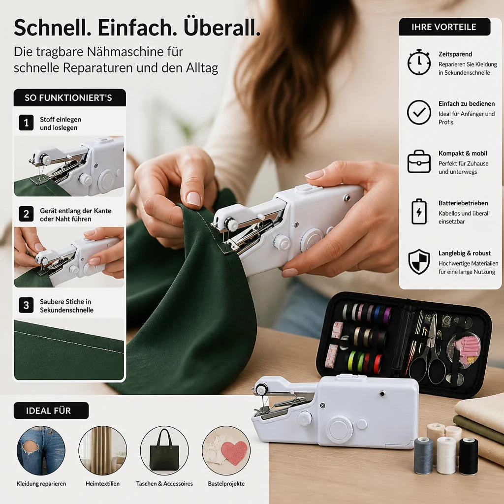 Stitchy™ – Die tragbare Mini-Nähmaschine für schnelle Reparaturen