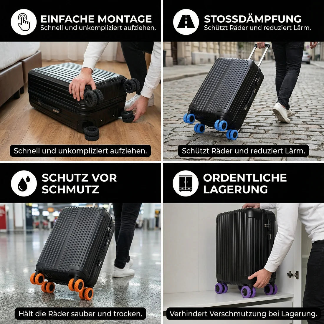 LuggageGrip™ – Der leise Silikon-Schutz für deine Kofferrollen