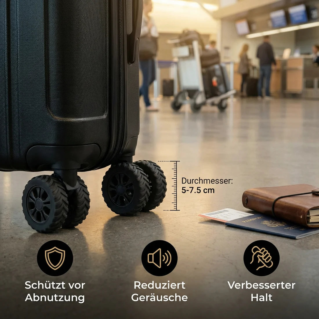 LuggageGrip™ – Der leise Silikon-Schutz für deine Kofferrollen